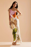 Robe décontractée pour femme, motif floral aquarelle, asymétrique à une épaule, en satin, longueur midi, avec volants et fente, idéale pour les vacances