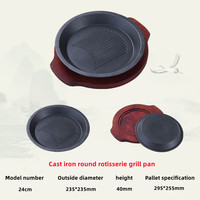Set Peralatan Masak Hot Sale, Piring Panggang Bundar Hitam, Papan Steak, Panci 24cm, Piring Besi Cor dengan Alas Kayu