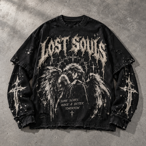 Camiseta Oversize con Gráfico Gótico, Doble Capa, Lavado Vintage, Corte Holgado, Estilo Desgastado, Streetwear Personalizado, Marca Privada, para Hombre - Product Image 1
