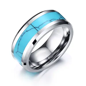 Tungsten steel ring plane inlaid turquoise Korean version of hand decoration tungsten steel men's ring