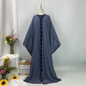 Lightweight Moroccan Chiffon <b>Long</b> <b>Kaftan</b> Dubai Abaya Style With Black Lace White Pearls for Muslim Women 1653# - Product Image 3