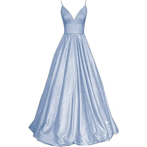 Evening Gown V-Neck A-Line Satin Empire Waist Backless Long Dress For Banquet Party - Product Image 1
