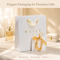 Sacs cadeaux en papier blanc de luxe personnalisés avec logo en feuille d'or, poignées en ruban satiné et étiquettes assorties pour les marques de mode, emballage de bougies