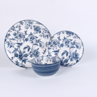 Service de table en grès à imprimé botanique bleu classique - Assiettes et bols en céramique à motifs floraux et oiseaux vintage
