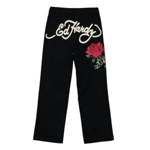 Pantalon en jean ample taille mi-haute brodé de fleurs rétro avec motifs crâne et rose, coupe large délavée pour le style Hip Hop Street - Product Image 4