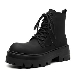 Bottines rétro en <span class=keywords><strong>cuir</strong></span> synthétique <span class=keywords><strong>noir</strong></span>, mi-mollet, à lacets, semelle épaisse antidérapante, pour les trajets quotidiens et la mode urbaine - Product Image 1