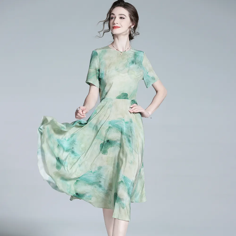 Top Moda ropa mujer elegante OEM/ODM estilo chino seda vintage vestidos tinta y lavado vestido impreso
