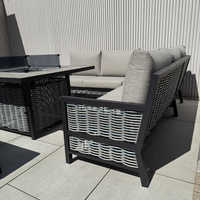 Meubles de jardin modernes en aluminium, canapé d'angle en rotin, ensemble de meubles de patio en forme de L avec table foyer