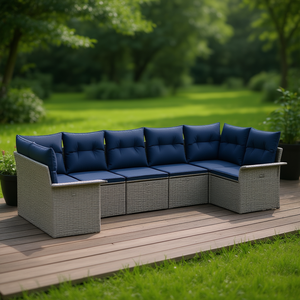 Gray Poly <b>Rattan</b> Garden <b>Sofa</b> Set With Cushion Elegant Outdoor Furniture Collection - Product Image 2