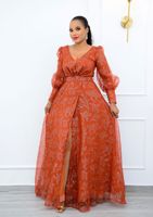 Dp574 Robe longue à manches lanterne avec ceinture col en V tendance sexy surdimensionnée pour femmes Offre Spéciale personnalisée