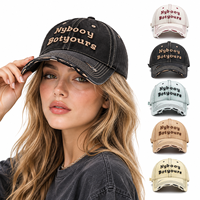 Casquette de baseball unisexe en coton délavé style vintage, avec broderie 3D en tissu éponge, lettres, bordure effilochée et déchirée, ajustable, style streetwear, casquette de papa