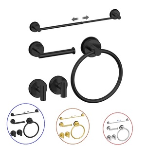 Juego de 5 piezas de baño de acero inoxidable 201, 2 ganchos, soporte para pañuelos, anillo de toalla, barra de toalla telescópica, montaje de ventosa - Product Image 1