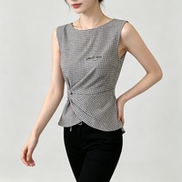 Top Ajustado y Elegante de Estilo Francés para Mujer, Camisa sin Mangas a Cuadros Grises, Nuevo Diseño de Verano 2026