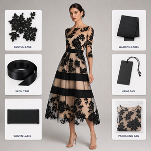 Vestido Midi de Tul con Apliques de Encaje Negro Personalizado, Detalle de Banda de Satén, Forro Color Piel, Superposición Transparente, Falda en Línea <span class=keywords><strong>A</strong></span> - Product Image 4
