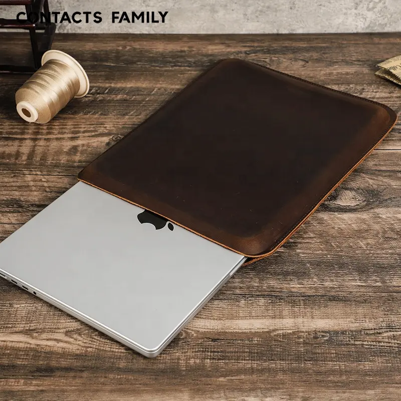 CONTACT'S FAMILY Luxury Genuine Leather Laptop Sleeve Case for Macbook Pro 14.2 inch 2021 Shockproof Laptop Carry Sleeve
