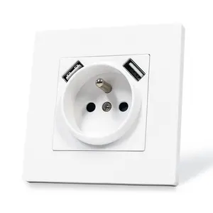 European Type White/Black/Gold/Grey PC Panel French Socket with Dual Type-A USB Ports 2100mA Wall Outlets with USB
