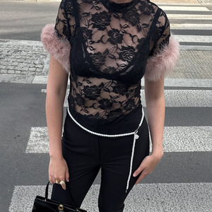 Lace Sheer Round Neck Women's T-<b>Shirt</b> Short Sleeve Slim Fit Fashionable Versatile Top - Product Image 1