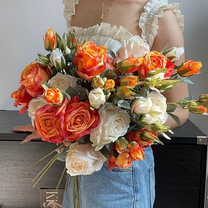Bouquet de roses artificielles en soie, fleurs séchées, style peinture à l'huile, décoration de mariage, ornement pour salon et hôtel - Product Image 1