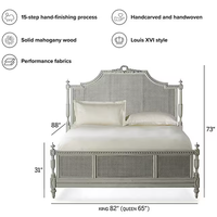 Lit en rotin et bois de style vintage français, grand lit en bois avec tête de lit sculptée en saule, mobilier de chambre à coucher