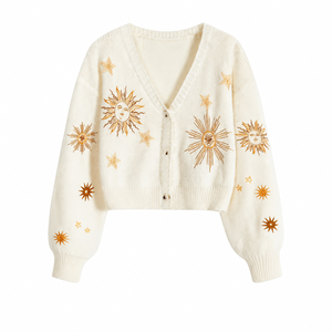 Cardigan in <span class=keywords><strong>Maglia</strong></span> OEM Personalizzato per Donna <span class=keywords><strong>con</strong></span> Ricamo Celeste Sole Luna Stelle, Scollo a V e Bottoni Frontali, Vendita all'Ingrosso - Product Image 1