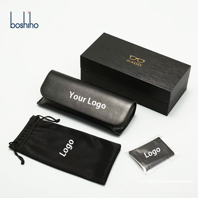 Custom Logo Luxury Black Sunglasses Bag Folding Leather Glasses Case & Box Packaging OPP Cloth Bag Eyeglass Case Set
