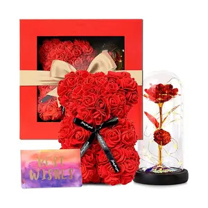 Популярный подарок на День Святого Валентина на День Матери 2024 стеклянный цветок розы Медведь Подарочный набор с подарочной картой