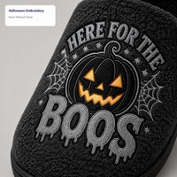 Mules d'intérieur pour femmes, modèle OEM/ODM, en peluche douce et moelleuse, avec motifs citrouille et fantôme d'Halloween, en TPR, thermiques et antidérapantes