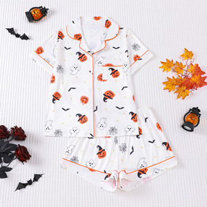 Set Minimalista e Carino per Halloween, Pigiama da <span class=keywords><strong>Donna</strong></span> con Stampa di Zucca, Fantasma e Pipistrello, Camicia a Maniche Corte con Bottoni, Logo Personalizzabile - Product Image 1