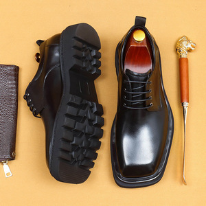 Chaussures habillées en cuir pour hommes, à bout carré et semelle épaisse, style anglais, chaussures derby à talon haut - Product Image 4