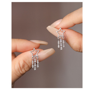 Boucles d'oreilles pendantes en argent sterling S925 en forme d'étoile avec cristaux et strass taille baguette, style chandelier, pour femme, bijoux de soirée - Product Image 6