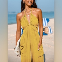 Combinaison pour femme à col en V profond, sans bretelles, sans manches, plissée, avec poche, dos noué, jambes larges, poignets retroussés