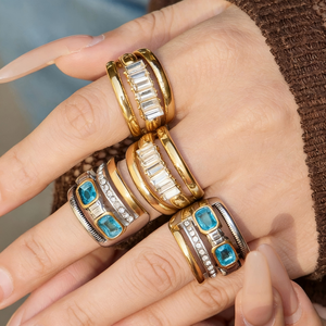 Anillo de Lujo de Acero Inoxidable Chapado en Oro de 18K, Multicapa, Dos Tonos, con Circonita Cuadrada, Anillo de Moda de Alta Gama para Mujer - Product Image 1