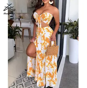 2022 2 Piece New Women's Bow Twist Yellow Tie Dye Beach Holiday Strapless Crop Top Maxi 2pcs Skirt Suits Women Sun Dress Set