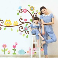 Autocollant mural personnalisé, dessin animé, oiseau, hibou, grand arbre, décoration de chambre de bébé, autocollants en PVC écologiques amovibles pour enfants, autocollant pour la maison