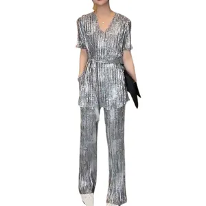 2023 Bright Clothing Set Women's Wholesale Clothing 2 Piece Long Pants and V-Neck Top Set Silver Women's Clothing