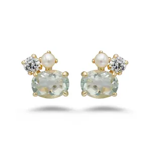 925 Sterling Silver 14K Gold Plated Gemstone Cloud Cz Zircon Green Amethyst Pearl Earrings