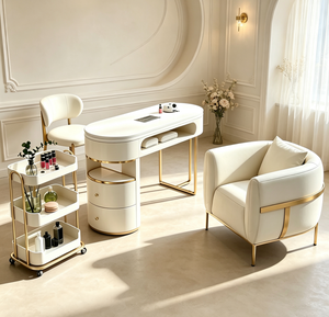 Table de manucure moderne avec plateau en marbre, bureau de salon de beauté, poste de travail de spa, mobilier commercial blanc - Product Image 2