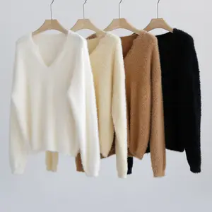 Kingsun sweater lengan panjang beludru, atasan sweater hangat mink imitasi warna polos bentuk V, pullover lembut lengan panjang, sweater hangat fuzzy