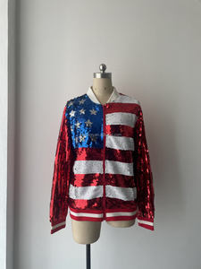 Chaqueta con cremallera frontal de manga larga de lentejuelas para mujer brillante con puños acanalados Bandera de EE. UU. Ropa de abrigo con lentejuelas para el 4 de <span class=keywords><strong>julio</strong></span> - Product Image 4