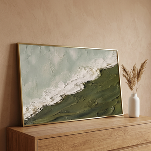Peinture Paysage Marin Minimaliste Originale Faite à la Main, Vert Olive et Blanc, en Plâtre Texturé, sur Toile Épaisse en Mousse, Style Wabi Sabi, <span class=keywords><strong>Roya</strong></span> - Product Image 4