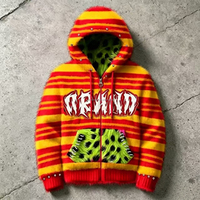Y2K Gestreifter Kunstfell-Hoodie mit Reißverschluss, Unisex, Leopardenfutter, Patch-Logo, Nietenbesetzte Manschetten, Streetwear, Herbst, Oversized, Atmungsaktiv