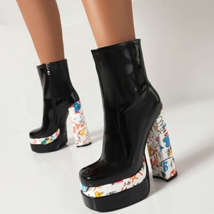 Large Feet Size 46 Women Ankle Short Platform Boots Colored Graffiti High Block Heels <b>Shoes</b> Square Toe <b>Shoes</b> Ladies - Product Image 1