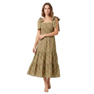 Vestido Bodycon de Algodón Tejido con Estampado Floral, Hombros Descubiertos, Largo hasta la Rodilla, Estilo Bohemio Holgado, Casual de Verano, Moderno, Lavable, Cintura Natural - Product Image 1