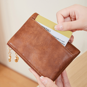 Vintage Oil Wax Genuine Cowhide <b>Wallet</b> Hot Selling Double Zipper RFID Multifunctional Short Length Anti-Theft PU Lining - Product Image 3