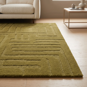 Tapis géométrique rectangulaire de haute qualité vert olive, tufté à la main en laine et acrylique, pour salon, avec envers antidérapant en latex - Product Image 2