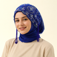Hijab instan mewah berbahan poliester dengan payet, rumbai, dan renda, desain elegan Timur Tengah, dapat diatur, untuk wanita.