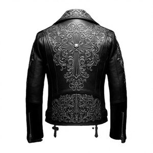 Plain High Street Men's Vintage <b>Gothic</b> Varsity <b>Jacket</b> Punk Leather Coat Winter Eco-friendly Silver Skull Cross Hardware Zipper - Product Image 2