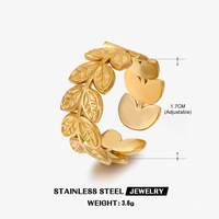 Bague en acier inoxydable motif feuille pour femme, style vintage ethnique, plaqué or véritable, ajustable, pour l'index, tendance européenne et américaine