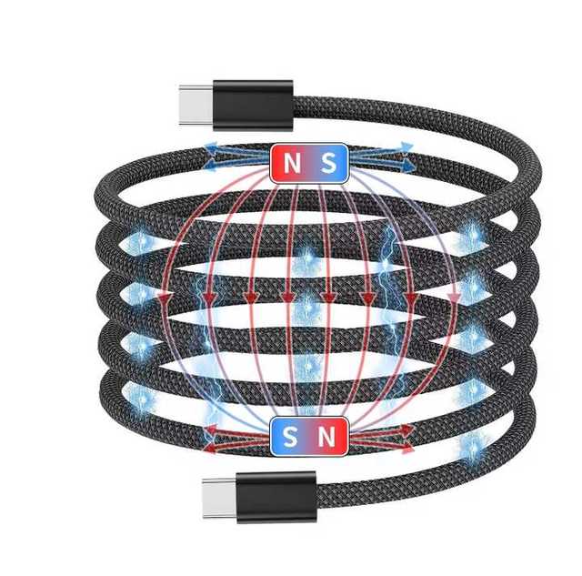 For Black Magnetic USB Type-C to for Cable Fast Charging Nylon Braided Self Winding Data Organizer for iPhone 15