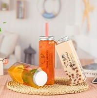 Gobelets en PET transparents réutilisables et jetables de haute qualité 350 ml 500 ml 650 ml Bouteille en plastique carrée pour boissons au thé à bulles à emporter
